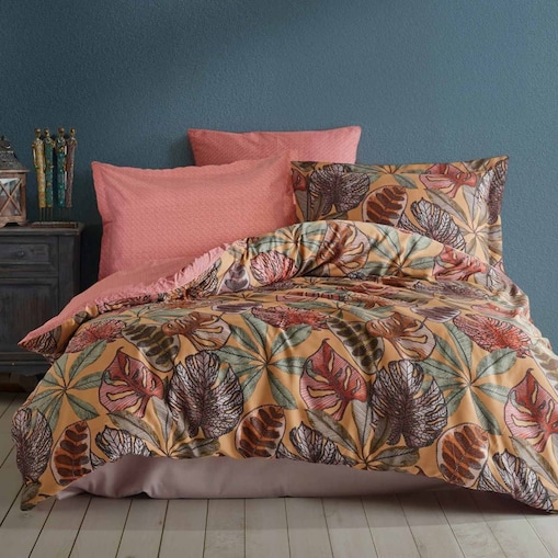 Pościel satyna bawełniana 160x200 Luxury Premium Greta Terra brązowo zielone liście