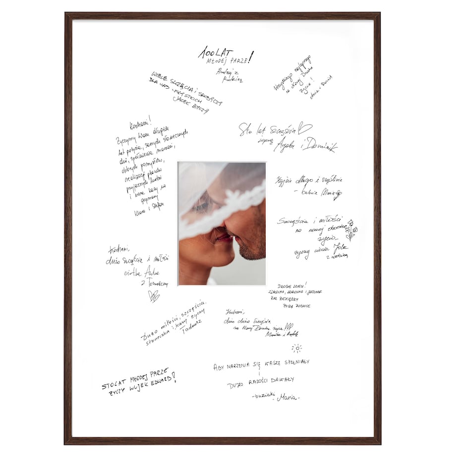 Ramka na WESELE PAMIĄTKOWA o rozmiarze 50x70 cm - brązowa rama. Ramka z passe partout prezent weselny zdjęcie 15x21 cm