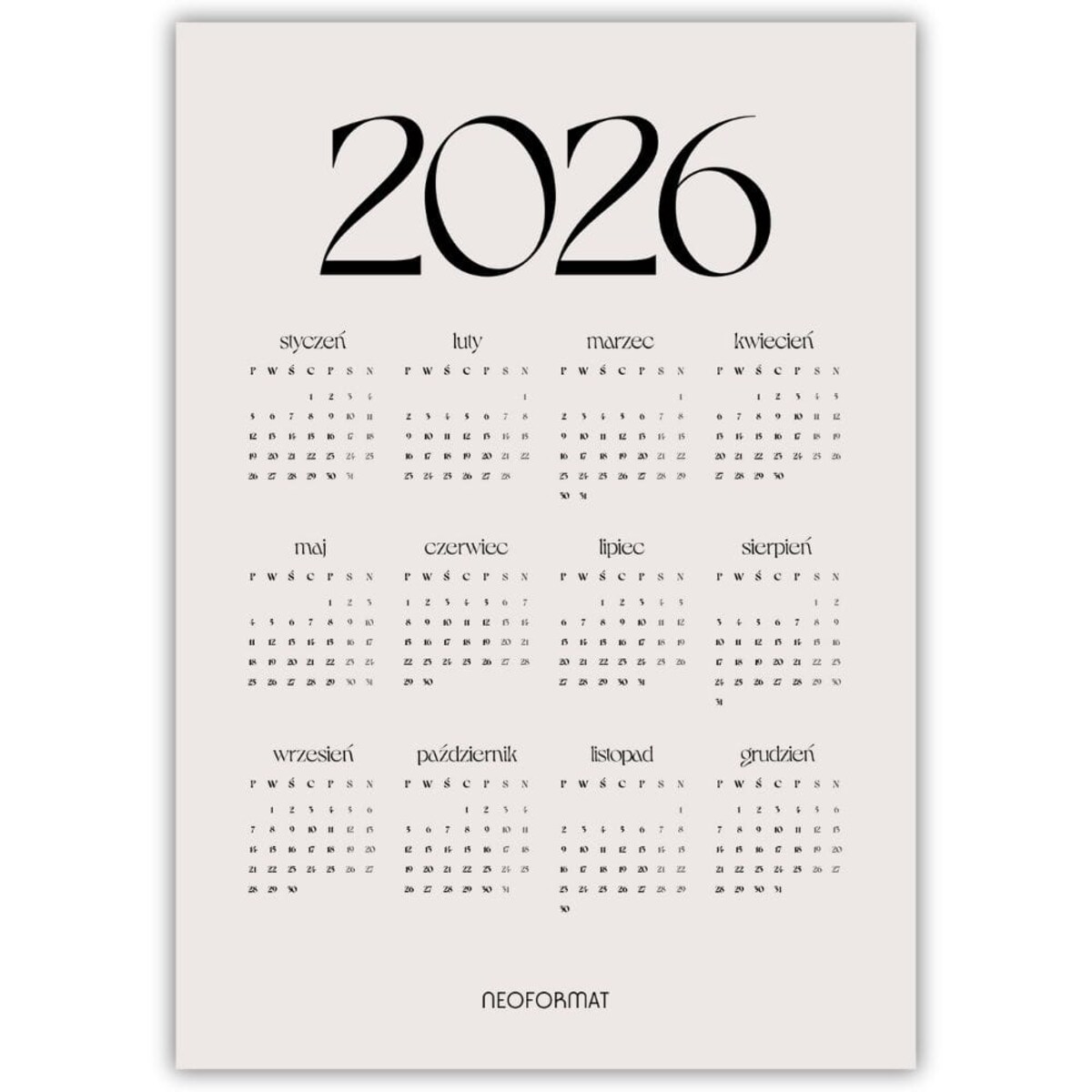 plakat kalendarz 2026 beżowy 70x100