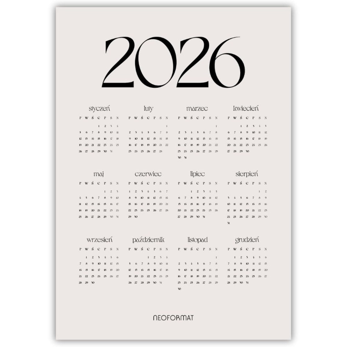 plakat kalendarz 2026 beżowy 70x100