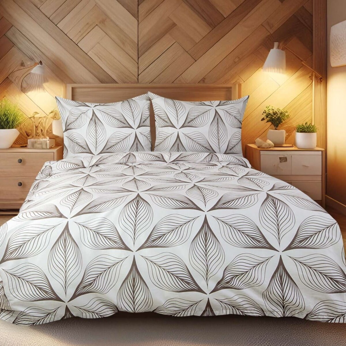 Pościel satyna bawełniana 180x200 Satynlove biała w brązowe symetryczne liście