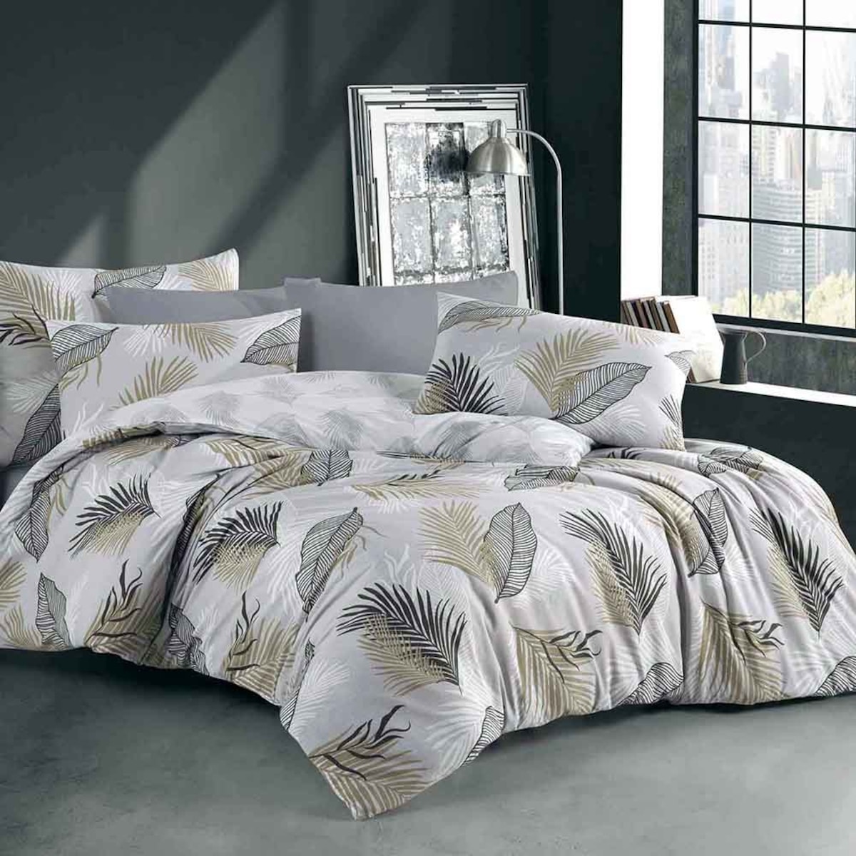 Pościel bawełniana Sonella szara w czarne i beżowe liście, Cottonlove Exclusive, Darymex