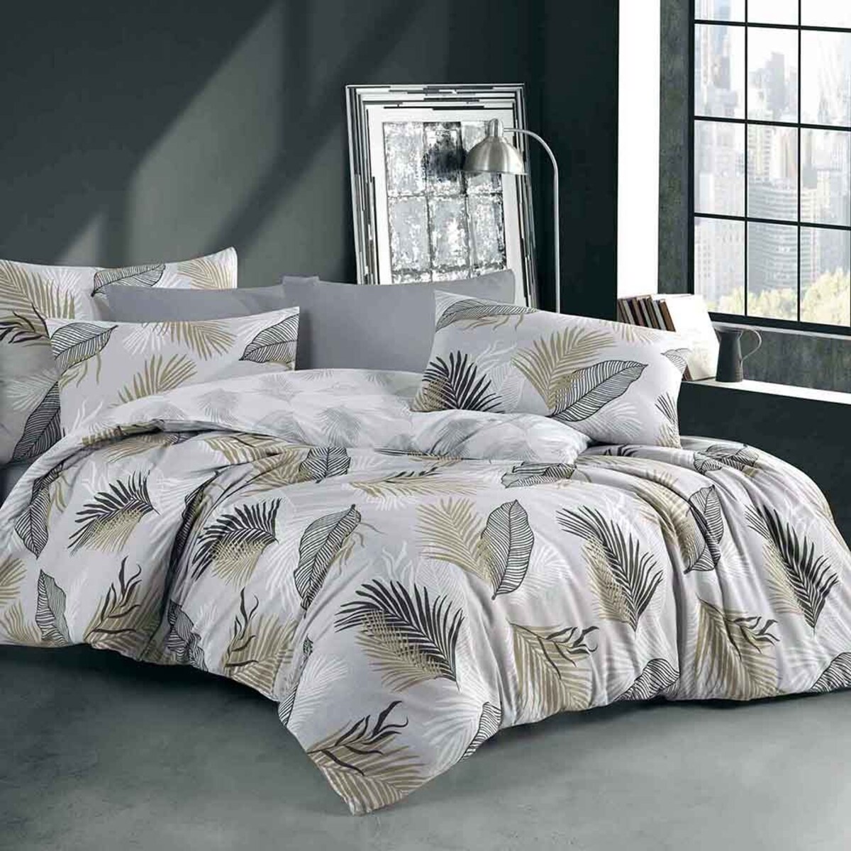 Pościel bawełniana Sonella szara w czarne i beżowe liście, Cottonlove Exclusive, Darymex