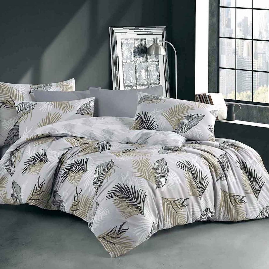 Pościel bawełniana Sonella szara w czarne i beżowe liście, Cottonlove Exclusive, Darymex