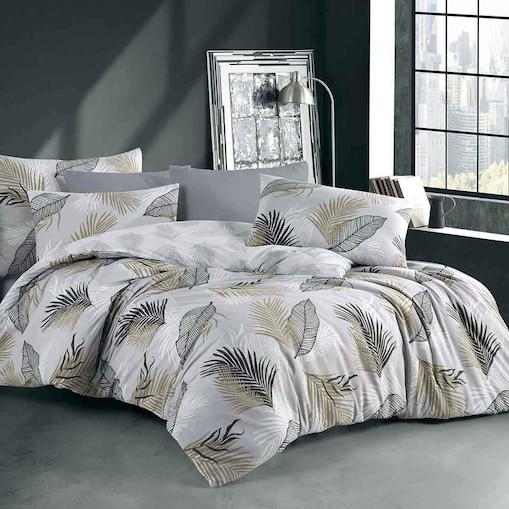 Pościel bawełniana Sonella szara w czarne i beżowe liście, Cottonlove Exclusive, Darymex
