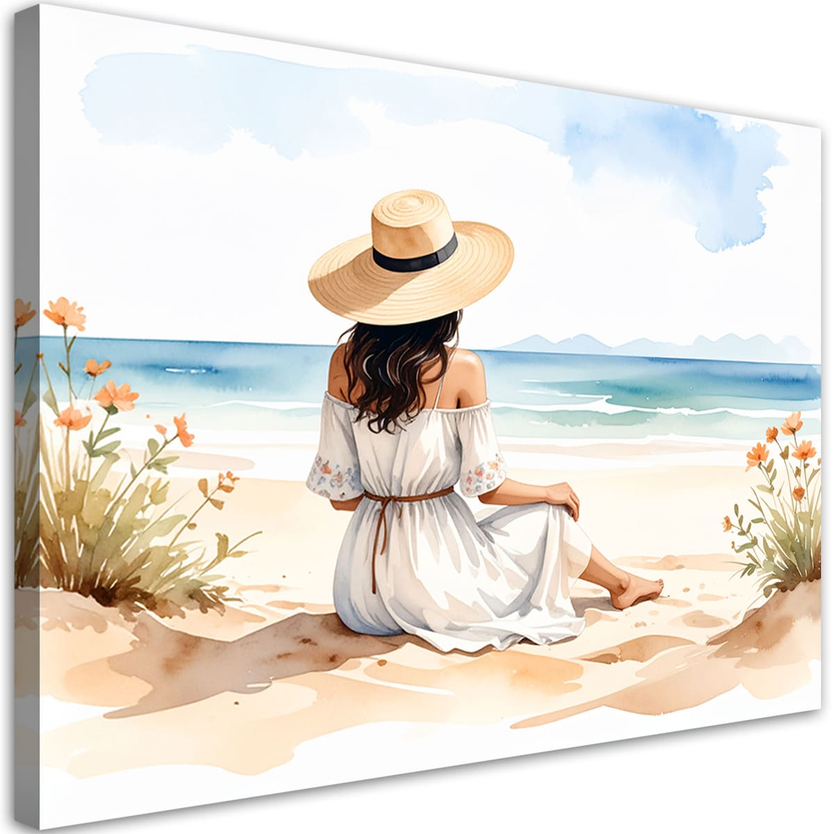 Obraz do salonu sypialni, Kobieta w kapeluszu na plaży 120x80