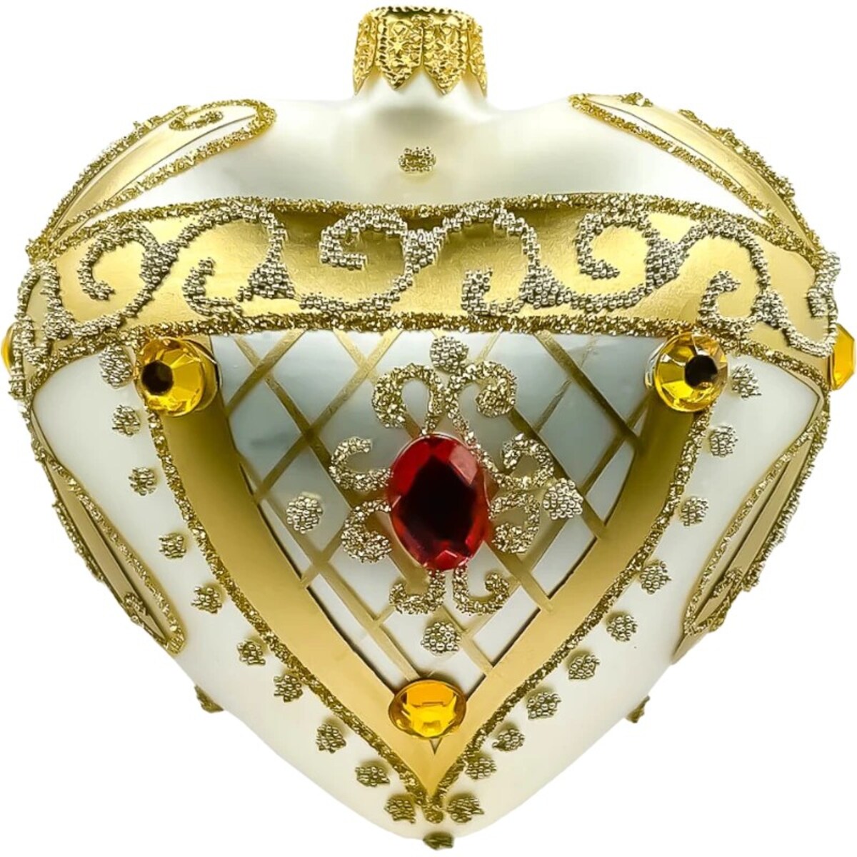 Bombka choinkowa: Serce ze złotym wykończeniem i rubinowym kamieniem: srebrne