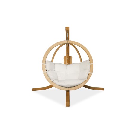 KONSIMO HIGLO Kremowy drewniany fotel wiszący boho w ogrodzie