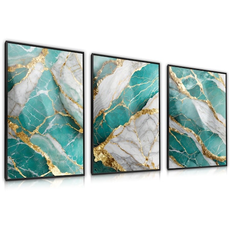 ZESTAW 3X PLAKAT W RAMIE DO SYPIALNI TURKUSOWY MARMUR STYL GLAMOUR 60x80cm