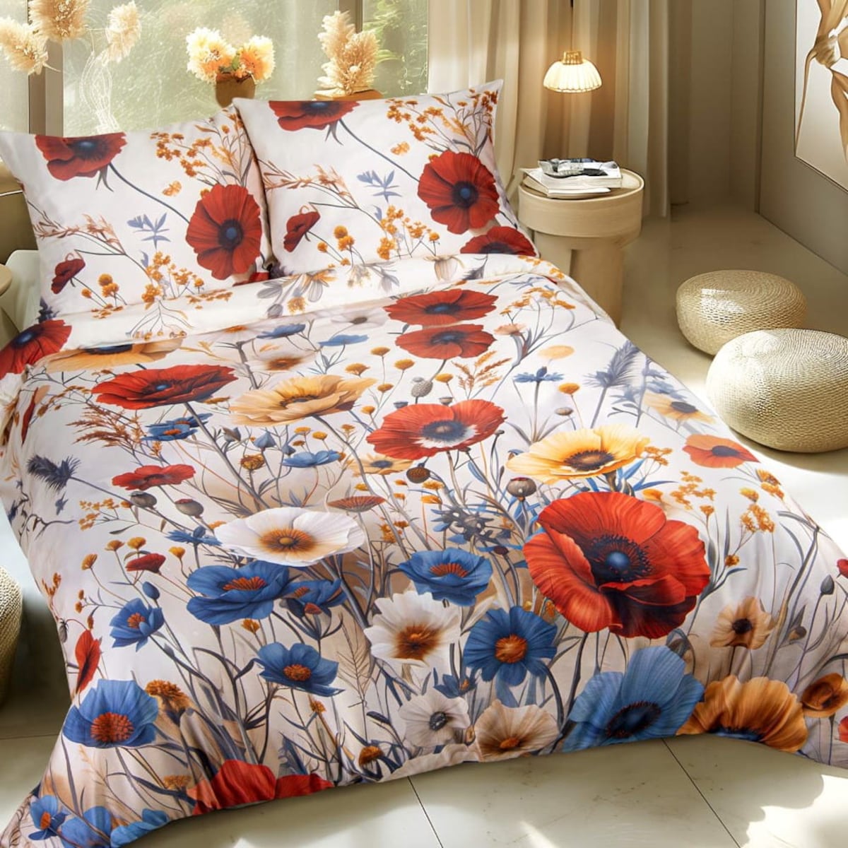 Pościel satyna bawełniana Satynlove Premium Polne czerwone kwiaty, kremowa
