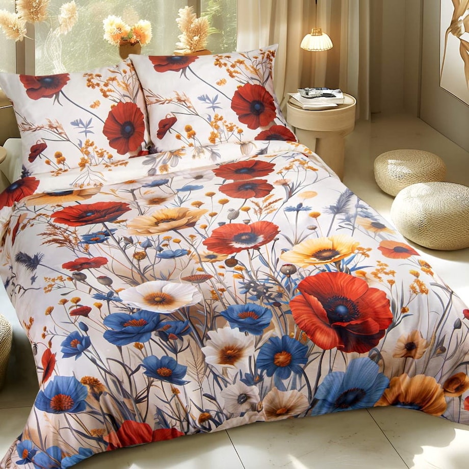 Pościel satyna bawełniana Satynlove Premium Polne czerwone kwiaty, kremowa
