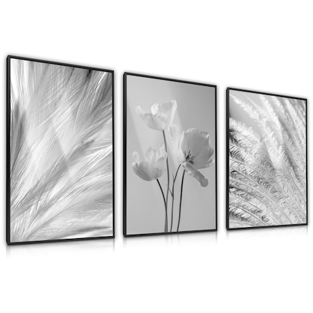 ZESTAW 3X PLAKAT W RAMIE CZARNO-BIAŁE PIÓRA TULIPANY KWIATY DO SALONU 30x40cm