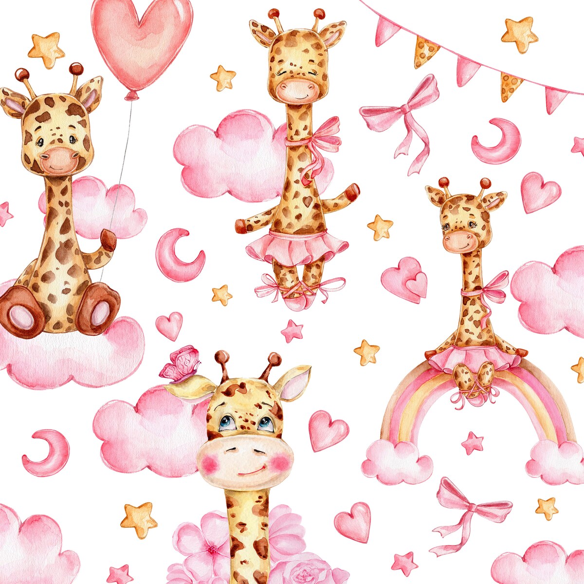 Naklejki Ścienne Dla Dzieci Żyrafy Serduszka Różowe Chmury Kokardki ZESTAW 120x60cm