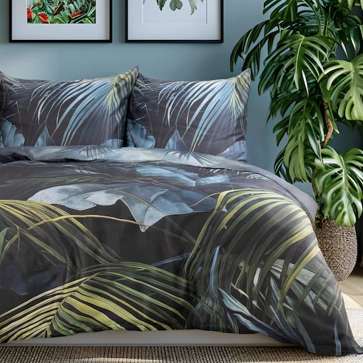 Pościel satyna bawełniana 220x200 Satynlove Premium ciemna w niebieskie i zielone liście