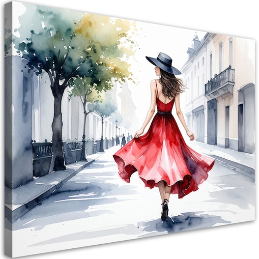 Obraz do salonu sypialni, Kobieta w czerwonej sukience i kapeluszu 90x60