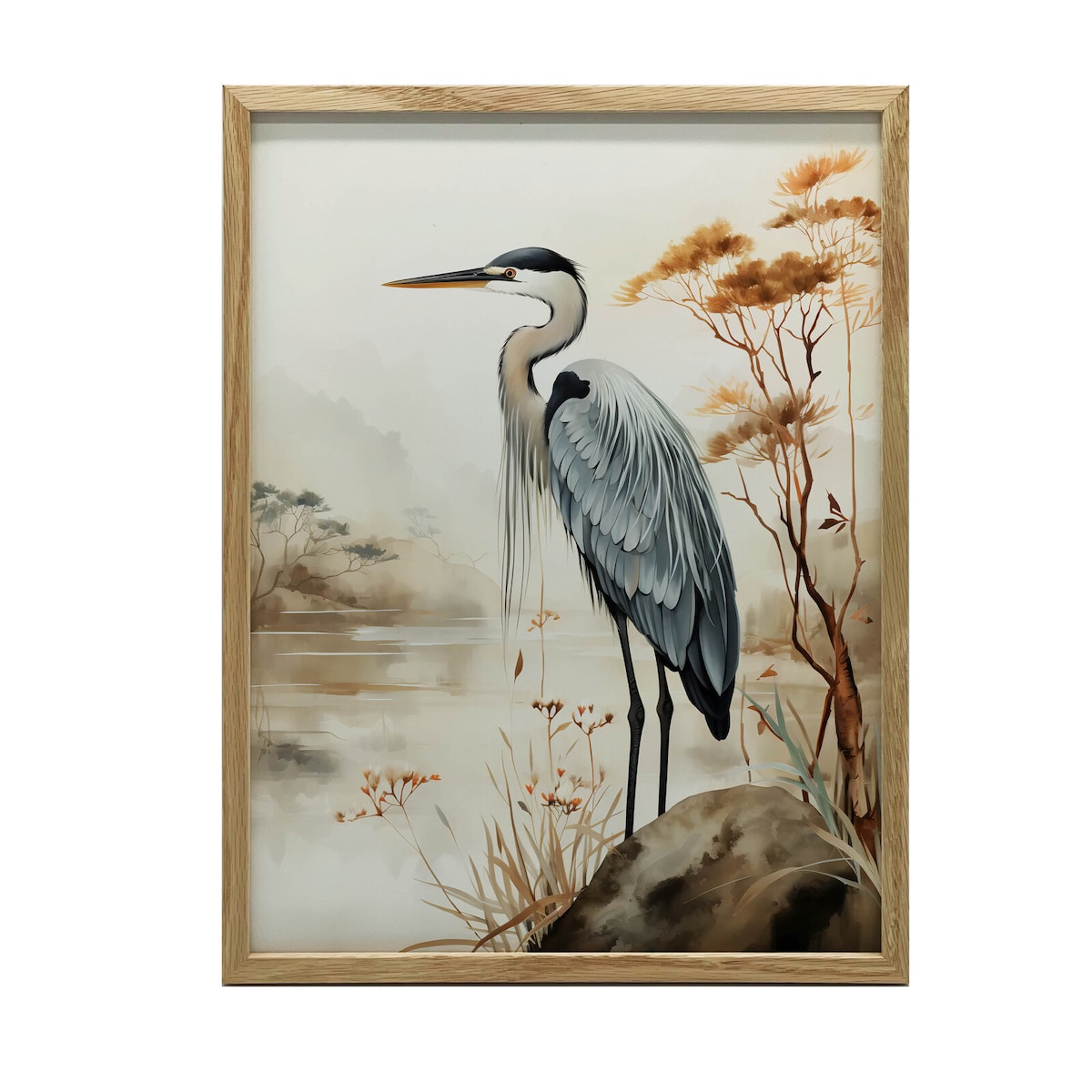 Spacer Nad Mglistym Jeziorem, 50x70 cm, rama drewniana jasny dąb, papier matowy 230 gsm