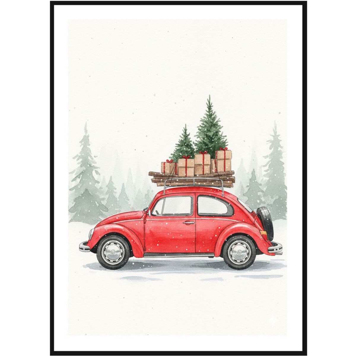 Poster Story, Plakat, Obraz - Czerwony Garbus na Tle Śniegu, wymiary 60 x 84 cm