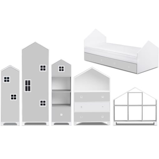 KONSIMO MIRUM Zestaw mebli w kształcie domku dla dzieci w kolorze szarym składający się z 6 elementów
