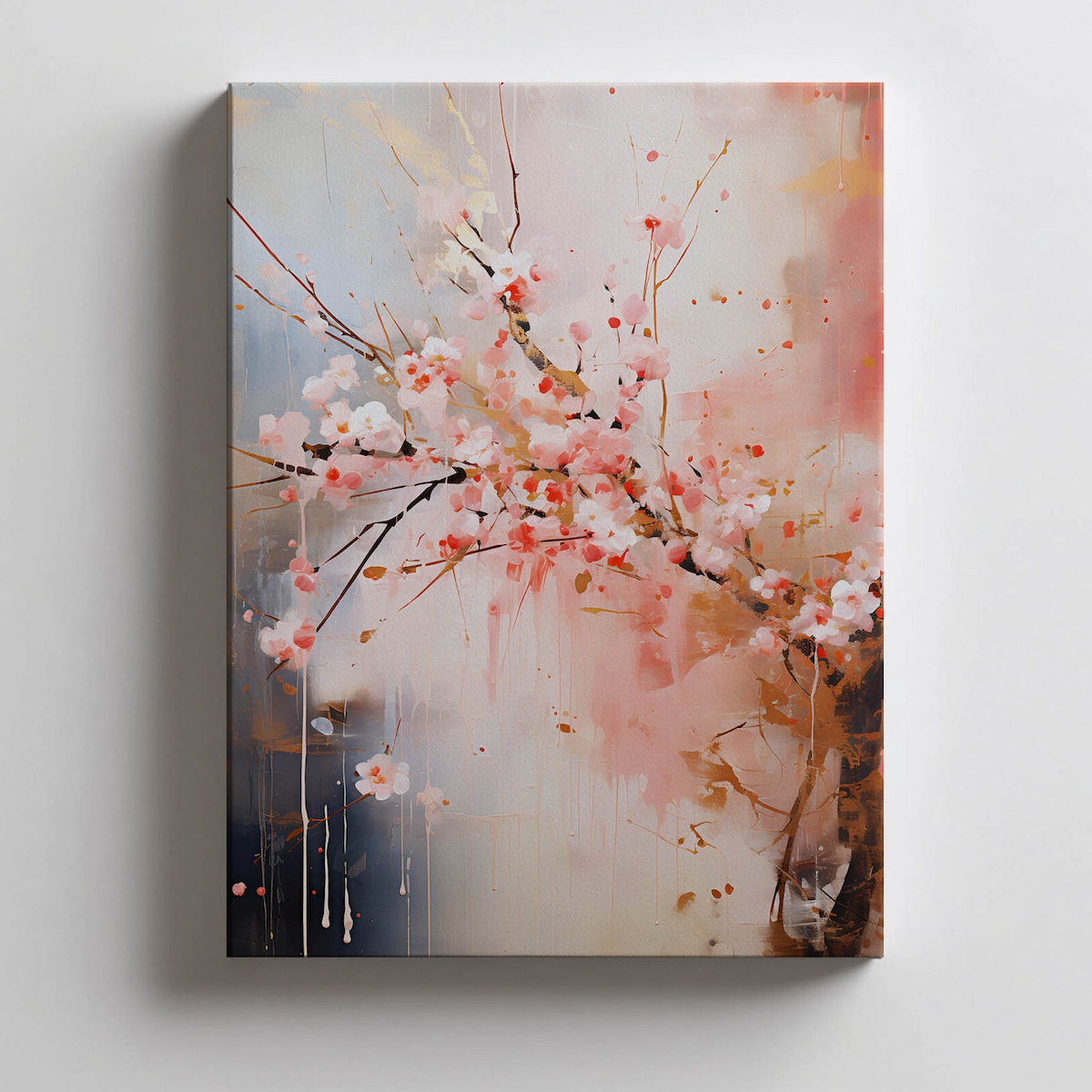 Kwitnąca Wiśnia: Symfonia Różu i Złota, 50x70 cm, bez ramy, płótno premium na blejtramie