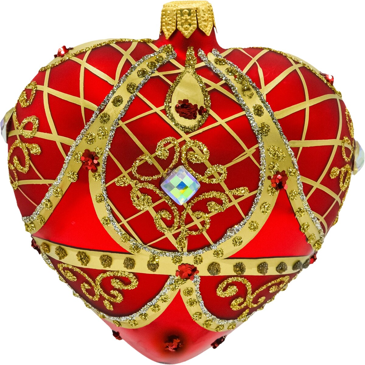 Bombka choinkowa: Serce ze złotymi zdobieniami i kamieniami: czerwone