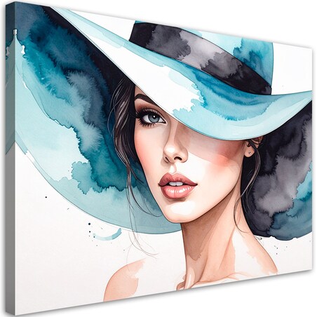 Obraz turkusowy do salonu sypialni, Portret Kobieta w kapeluszu 60x40