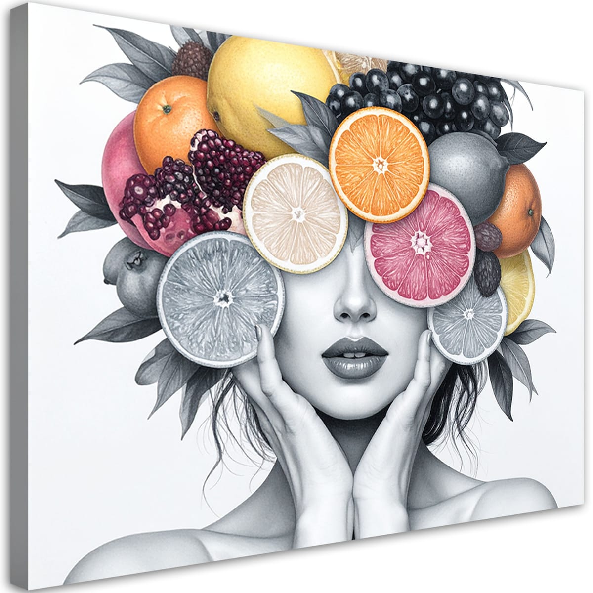 Obraz nowoczesny do salonu kuchni, Kobieta z owocami na głowie 120x80
