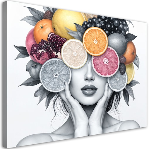 Obraz nowoczesny do salonu kuchni, Kobieta z owocami na głowie 120x80