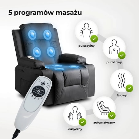 Fotel Rozkładany Wypoczynkowy Do Spania Masaż Ekoskóra BOX Czarny