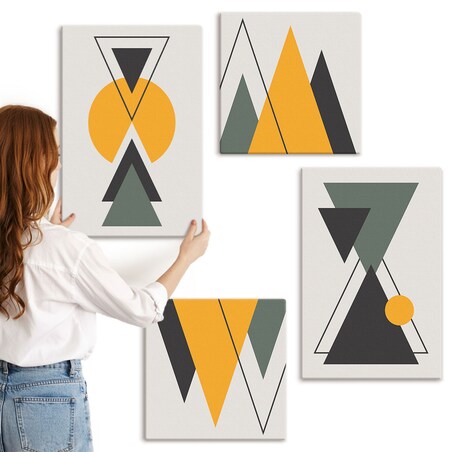 Zestaw 4 obrazów na płótnie - Abstrakcyjne kształty geometria - żółty