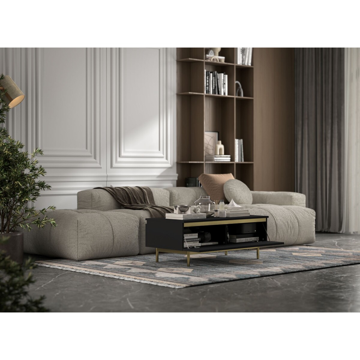 Stolik kawowy Glamour prostokątny elegancka ława Czarny Mat Stelaż w złotym kolorze 109 cm