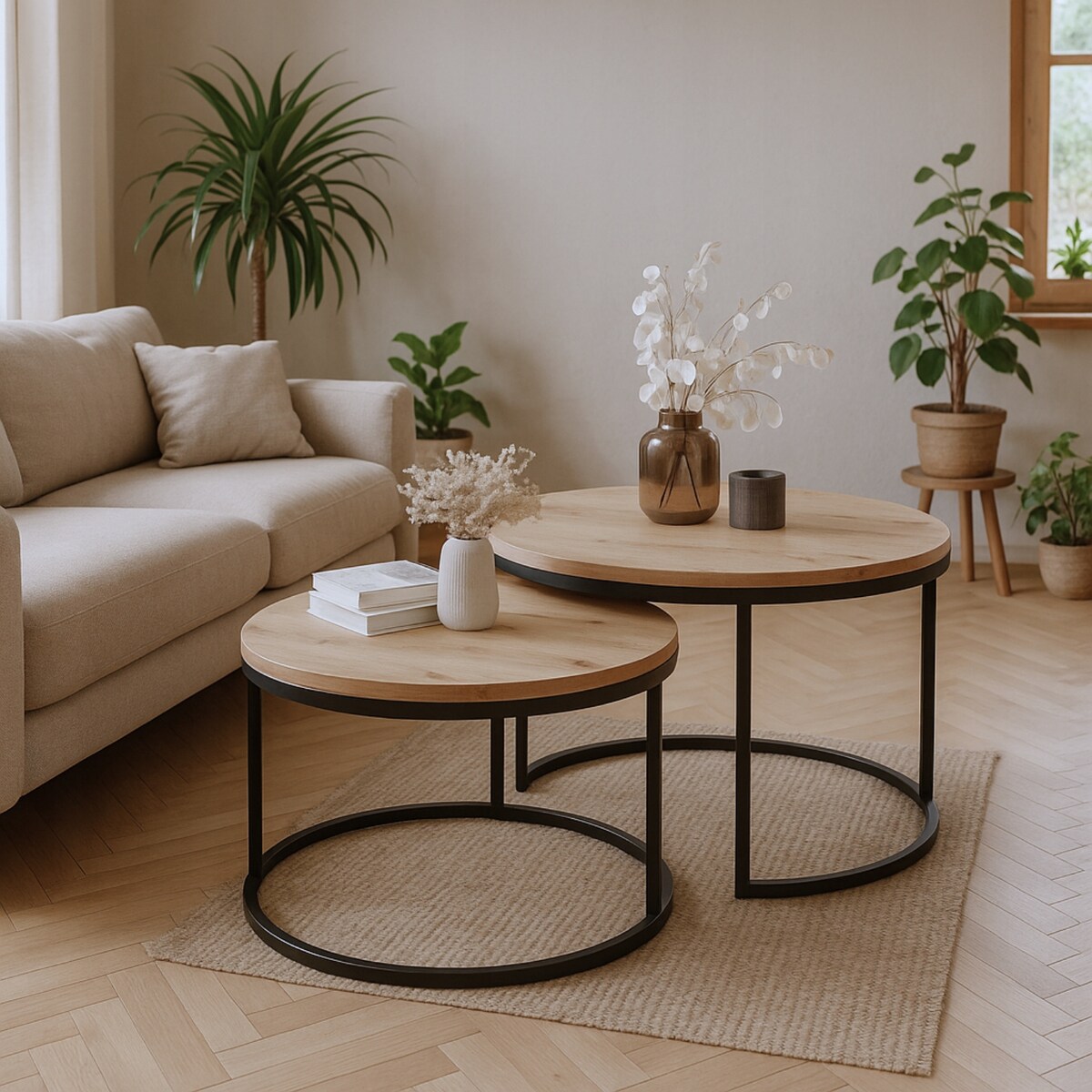 Stolik Kawowy DĄB ARTISAN Loft Okrągły Zestaw 2w1 Czarne Nogi NOWOCZESNY