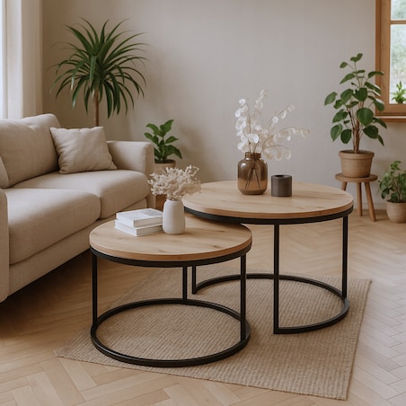 Stolik Kawowy DĄB ARTISAN Loft Okrągły Zestaw 2w1 Czarne Nogi NOWOCZESNY