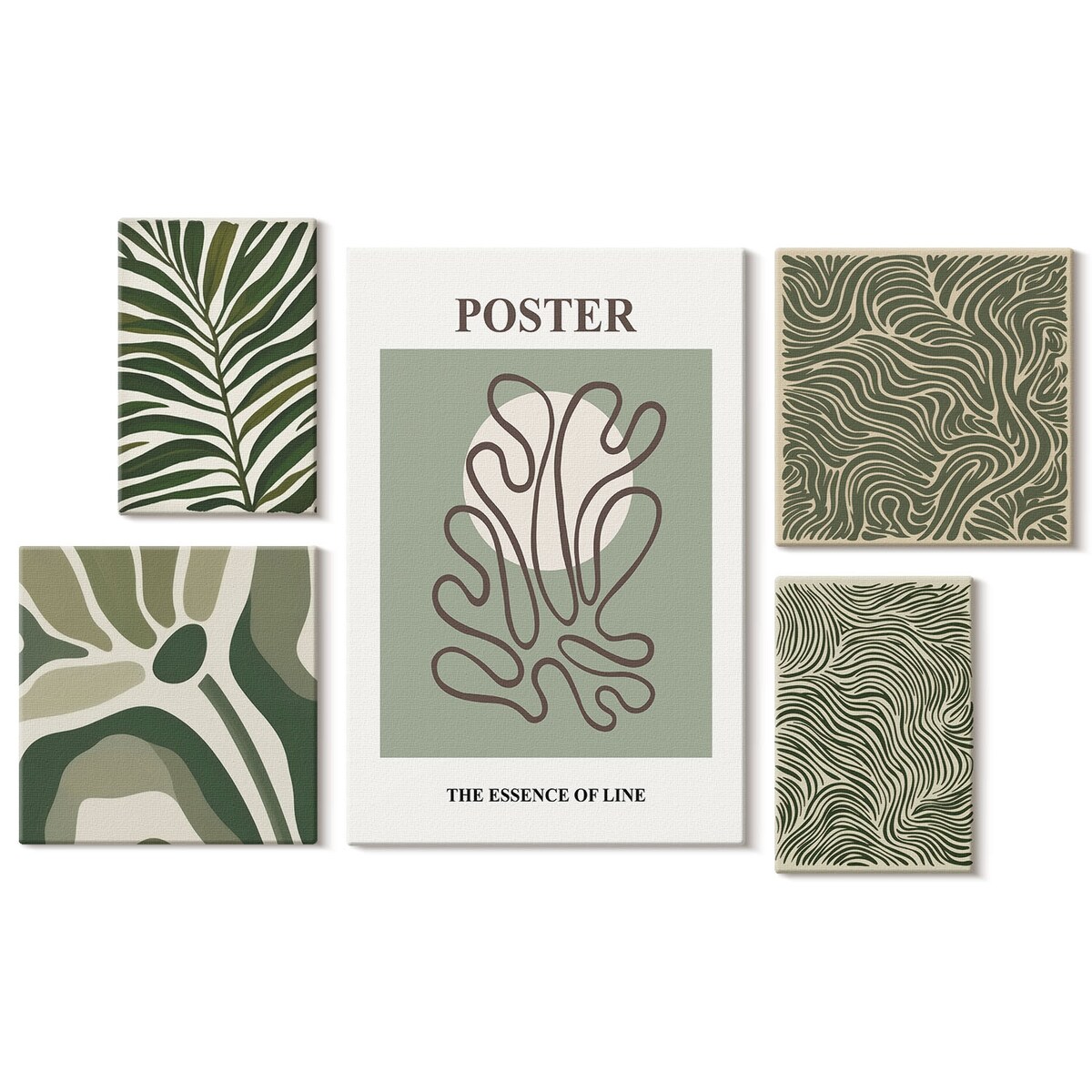 Zestaw 5 obrazów na płótnie - Abstrakcyjne roślinne formy boho - zielony