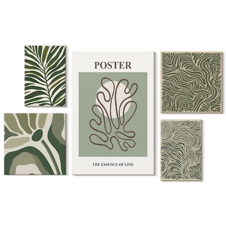 Zestaw 5 obrazów na płótnie - Abstrakcyjne roślinne formy boho - zielony