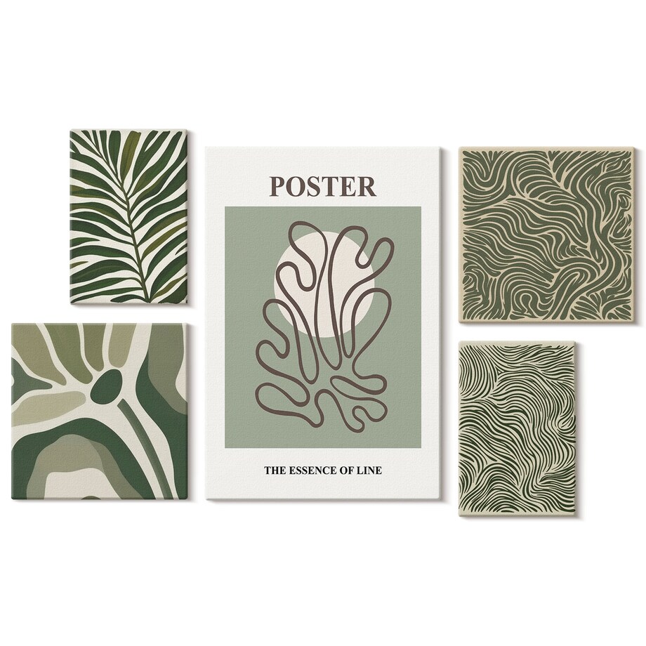 Zestaw 5 obrazów na płótnie - Abstrakcyjne roślinne formy boho - zielony