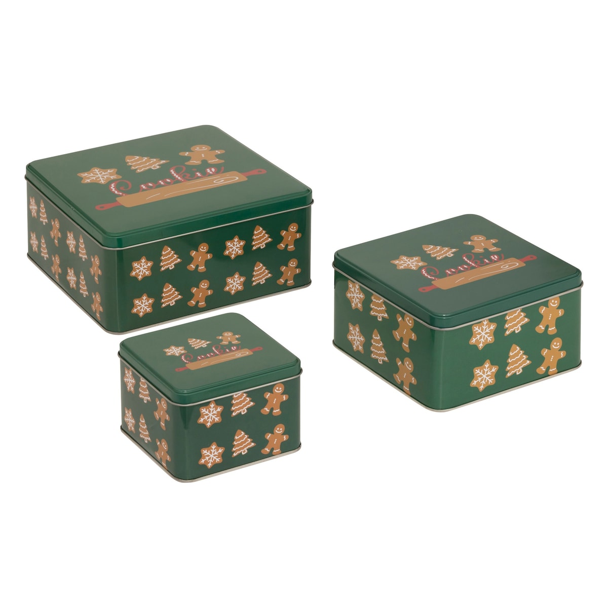 Puszka 3 szt. metalowa na ciastka świąteczne 18x18x8,5 cm POTERA zielona