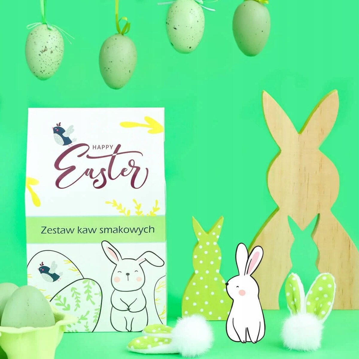 Box HAPPY EASTER zestaw kaw smakowych i herbat liściasych z zaparzaczem - paczka kosz upominek prezent na Wielkanoc Zajączka dla kobiety faceta