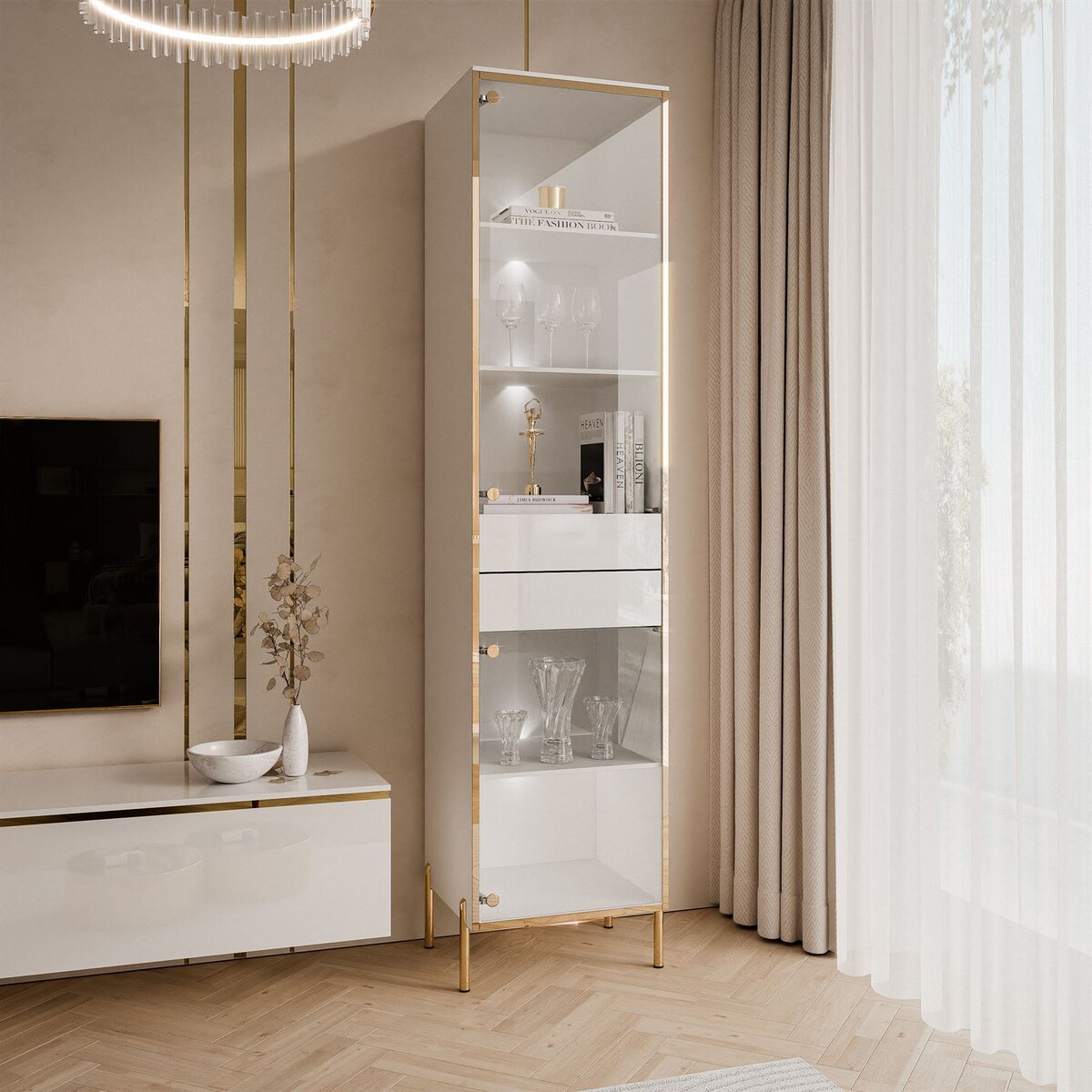 Witryna AURORA z oświetleniem LED biały połysk nogi proste