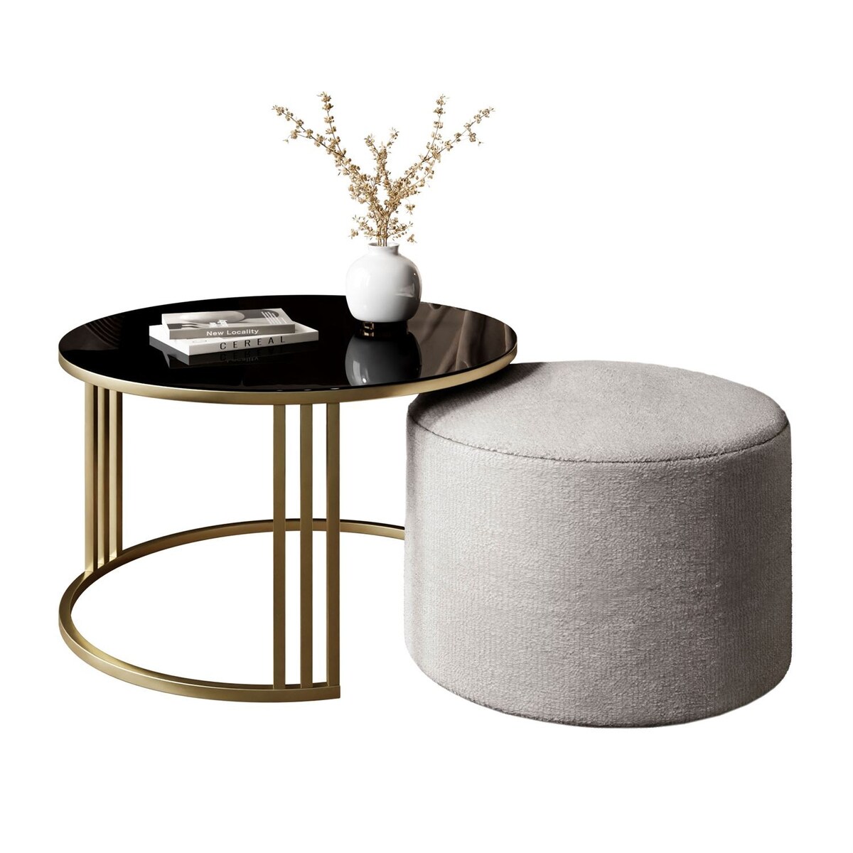 Stolik kawowy z pufą LORI GLASS złoto szczotkowane, czarne szkło / Perfect Harmony 82