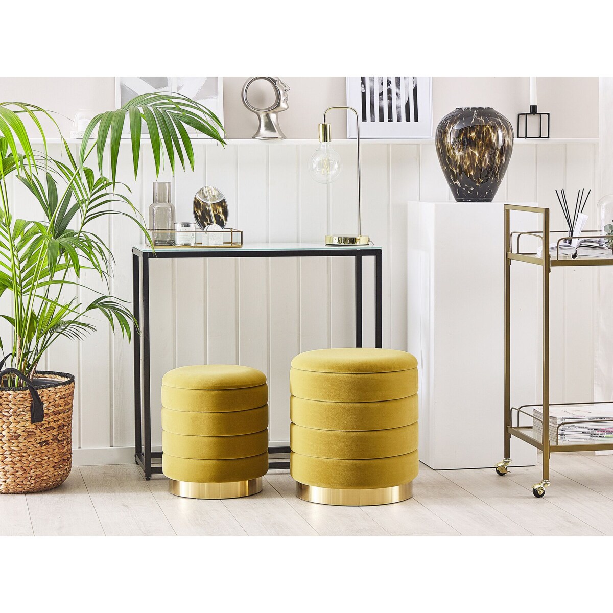 Zestaw 2 pufów ze schowkiem musztardowy GARLAND