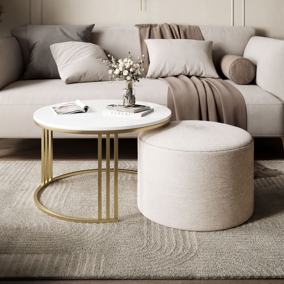 Stolik kawowy z pufą LORI POŁYSK złoto szczotkowane, biały / Perfect Harmony 01
