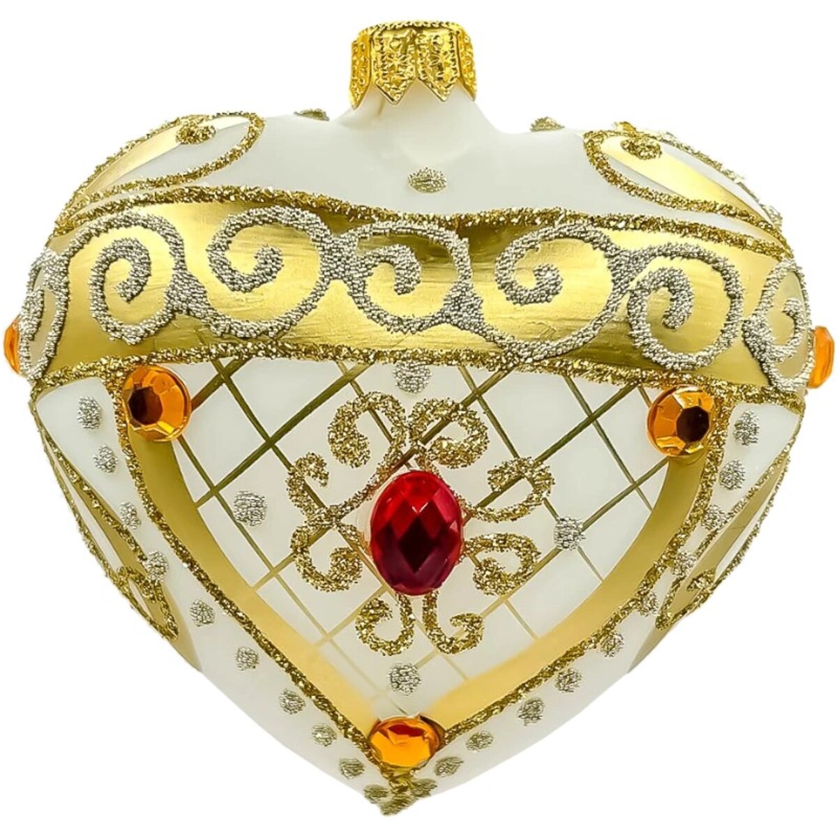 Bombka choinkowa: Serce z bogatymi złotymi zdobieniami i kamieniami: białe