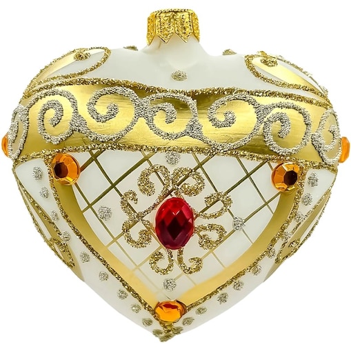 Bombka choinkowa: Serce z bogatymi złotymi zdobieniami i kamieniami: białe