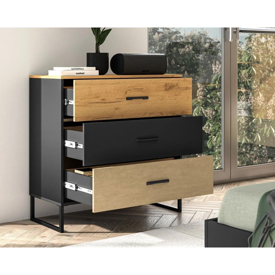 Komoda COLIN 05 3S 90 dąb złoty craft/czarna