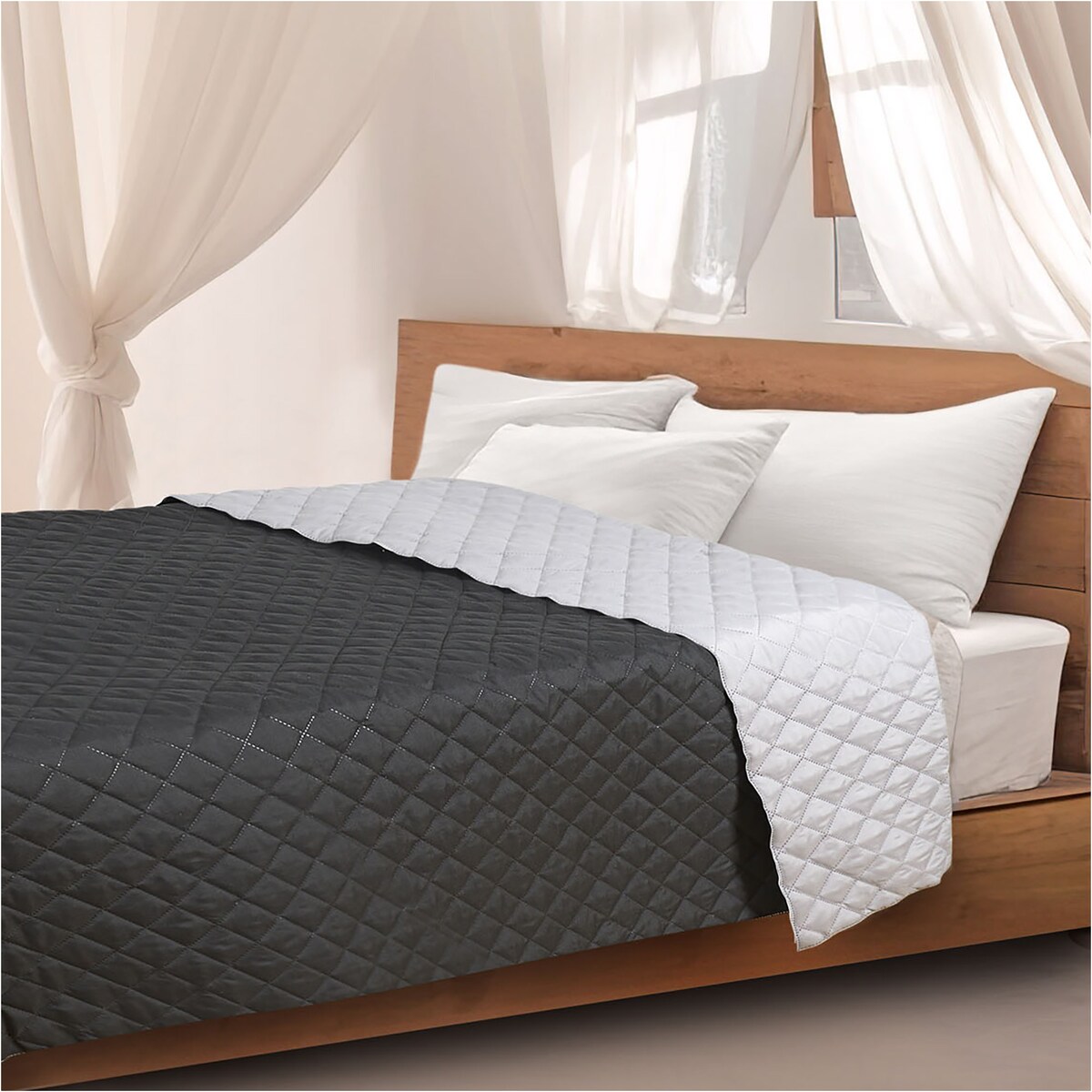 Narzuta Na Łóżko Kanapę Na Plażę Pikowana 220X240 Cm Szaro-Czarna