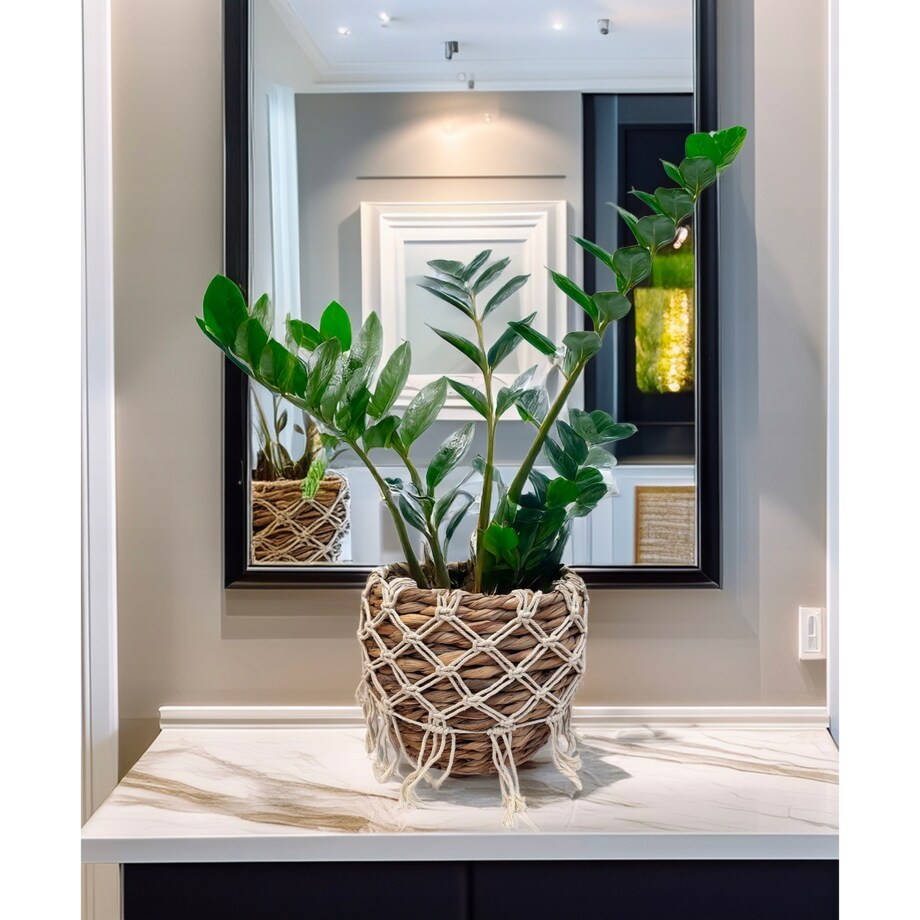DONICZKA BOHO 28cm naturalna z makramą osłonka donica do salonu palmy