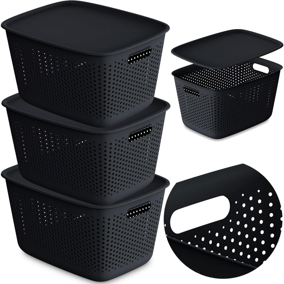 3X Pojemnik Plastikowy Ażurowy Pudełko Z Pokrywą Pojemniki Box 17L Czarny