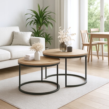 Stolik Kawowy DĄB CRAFT ZŁOTY Loft DUO Zestaw 2w1 DĄB + Czarne Nogi 80/60