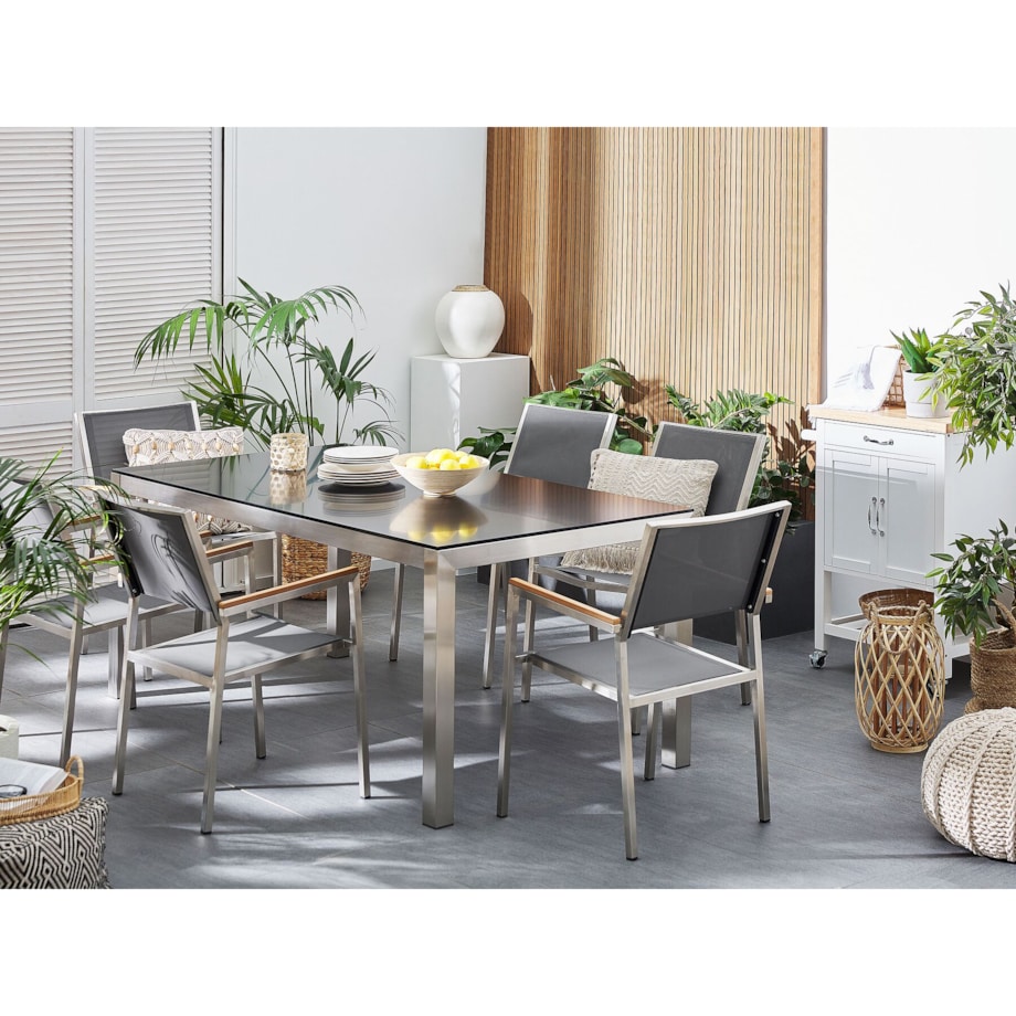 Zestaw ogrodowy stół granitowy czarny i 6 krzeseł szarych GROSSETO