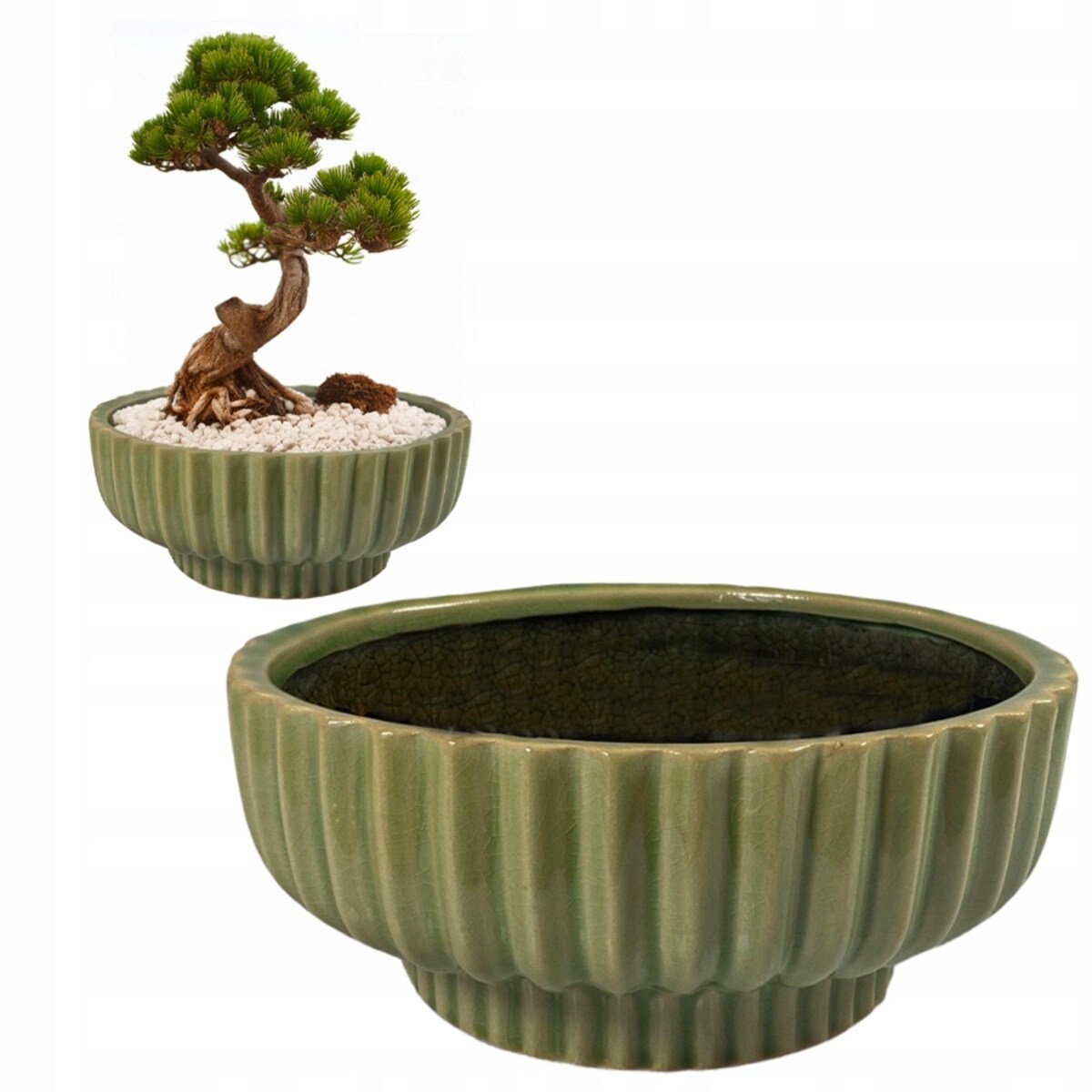 DONICZKA NA BONSAI 26cm okrągła osłonka na palmy kaktusy zielona ceramika